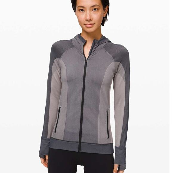 Lululemon Ebb To Train Abstract Zip Up Hooded Jacket Gray/Cream 6 - Picture 1 of 11